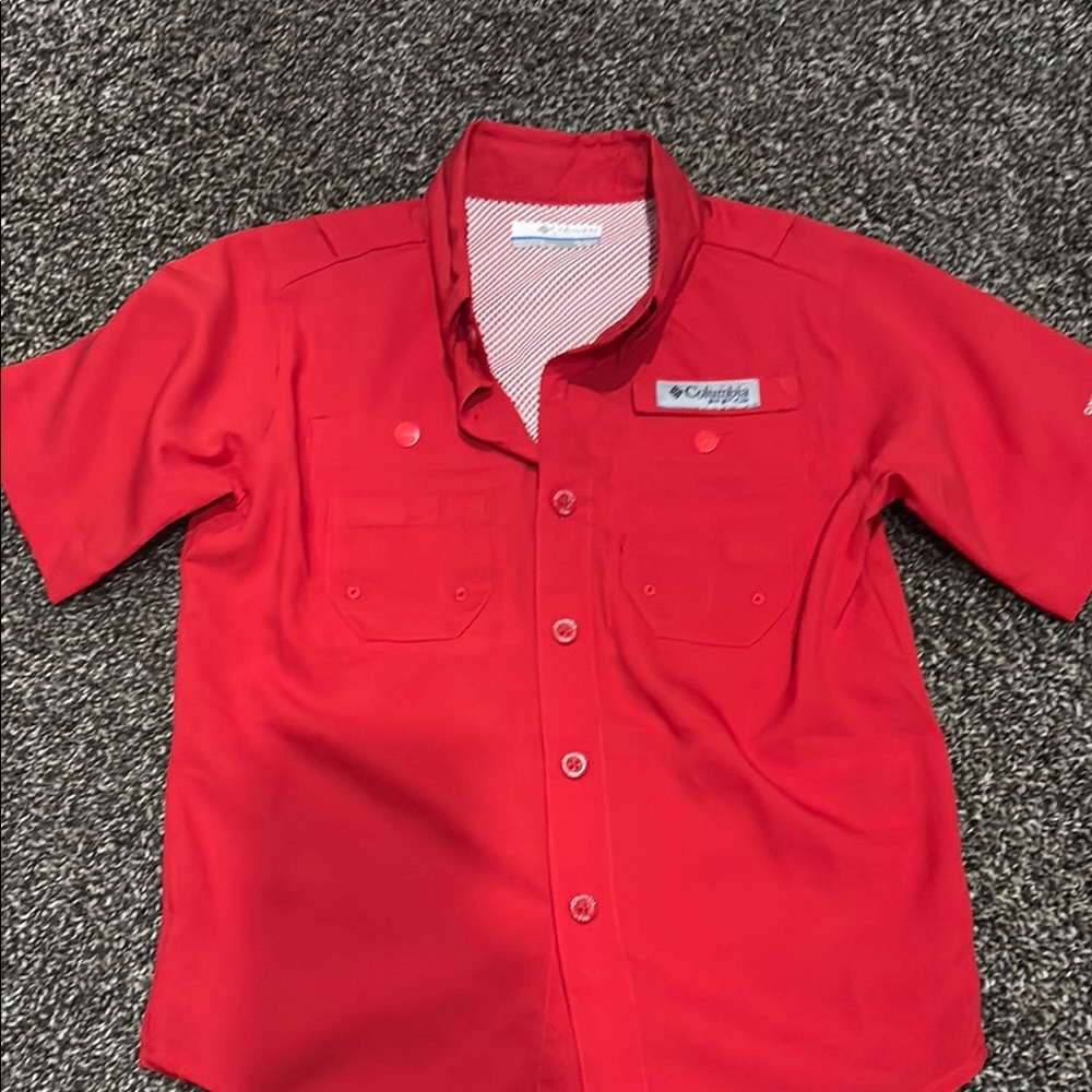 Boys Columbia Red Casual Button Down Shirt Short Sleeve